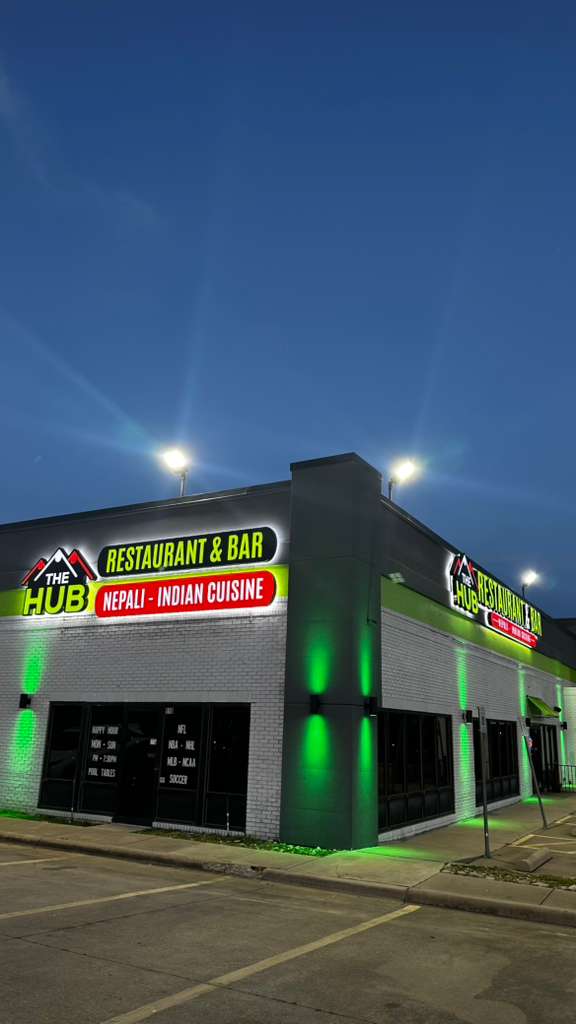 The Hub Restaurant & Bar exterior at night